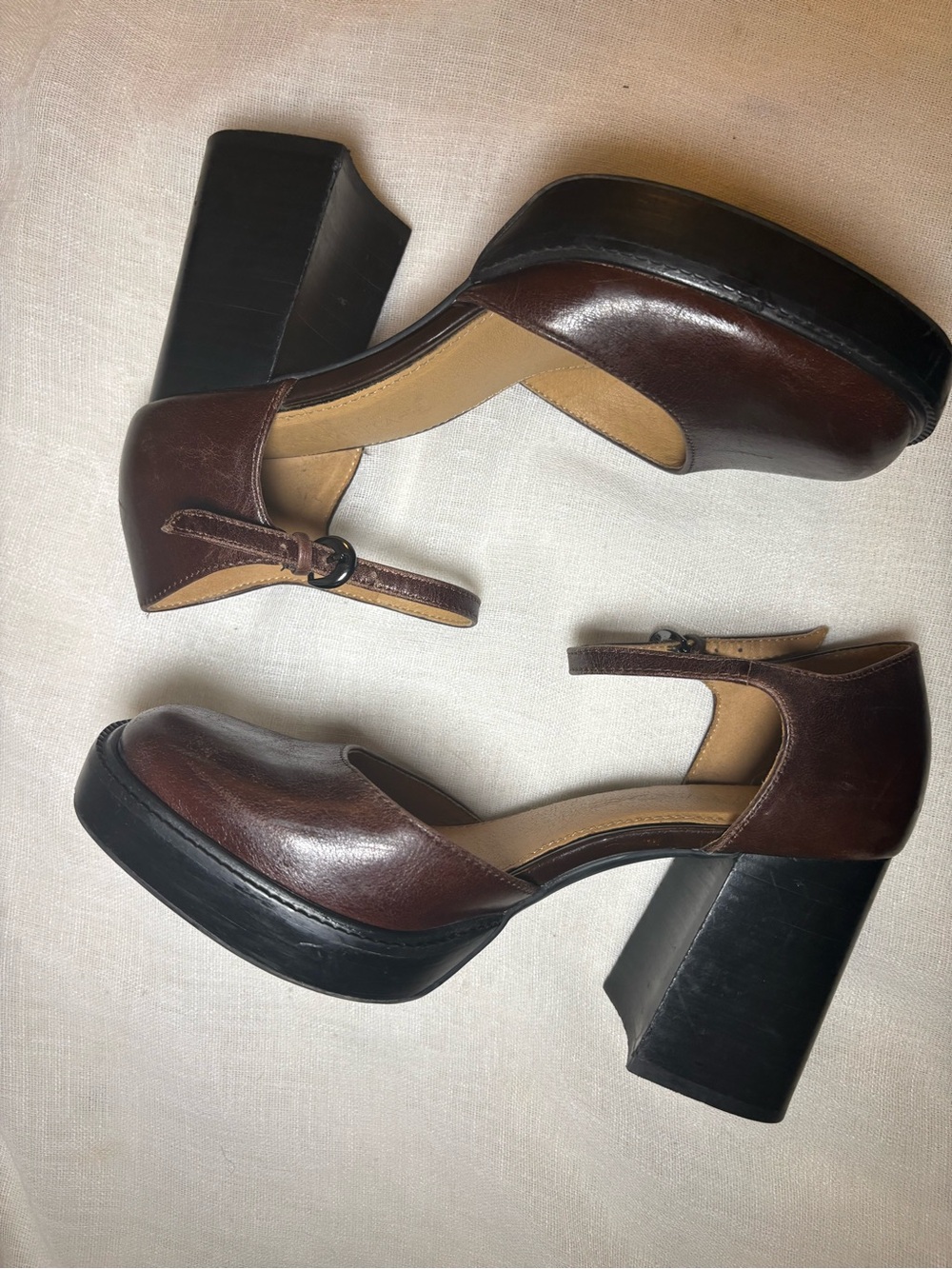 Crown Vintage Greeta Brown Genuine Leather Mary Jane Platform Heels 7.5M Chunky - Picture 12 of 14